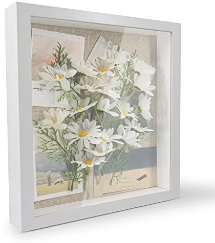 GraduationMall Weiß 3D Bilderrahmen Tief Objektrahmen 28x28 cm Schwarzen mit Glasscheibe zum Befüllen für Blumen Medaillen Tickets Wand