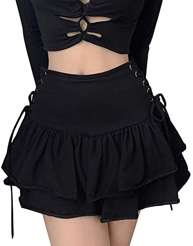 SEAUR Damen Minirock Gothic Punk Plissee Rock Kurz Schwarz Cosplay Party Club Wear High Waist A Linie Spitze Steampunk Skirt - M