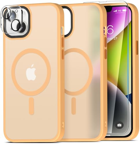 Mootobo 5 in 1 Magnetic for iPhone 14 Case/iPhone 13 case, Built-in 2 Screen Protector + 2 Camera Protector, Support MagSafe Accessories Military-Grade Protection Case - Orange