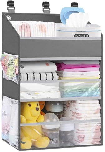PHOTOONE Wickeltasche zum Aufhängen, Organizer für Kinderbett, geräumiger Windel-Organizer für Wickeltisch, Laufstall/Wand, für 90+ Windeln (grau)