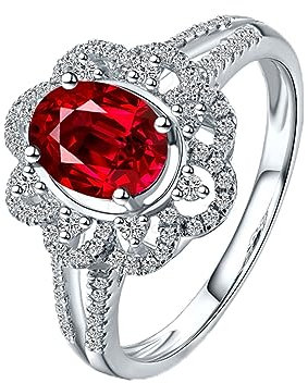 AMDXD 18K Au750 Gelbgold Hochzeitsband, Eheringe Antragsring Blumen mit Rubin Ring Ovalschliff Rot, Diamantring, Gr.49 (15.6), Echtschmuck