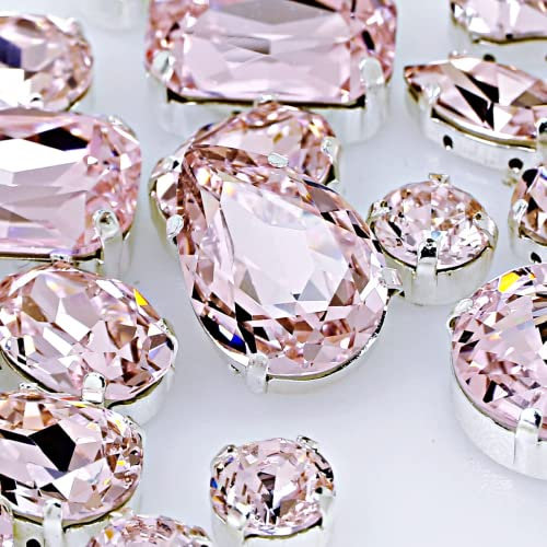 DONGZHOU Strasssteine Zum Aufnähen mit Löchern Klaue Einstellung Kristall Fancy Stein Flatback Edelsteine für Schmuck machen DIY Handwerk Kleidung Schuhe Hochzeit Dekoration 82Stück,Helle Rose