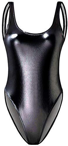 Balasami Damen Retro 80er/90er Jahre Metallic Glänzend Gymnastik Rückenfrei Hoher Beinausschnitt Tanzkleidung Bodysuit Einteiler Bademode Badeanzüge, Schwarz, 36-38