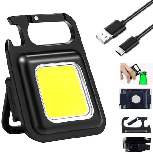 ARUUJ Mini LED COB Flashlight - USB Rechargeable 1000 Lumens Bright Light - 4 Light Modes, Portable Keychain Pocket Flash Light - Magnet Adjustable Folding Bracket Clips - Bottle Opener (1)