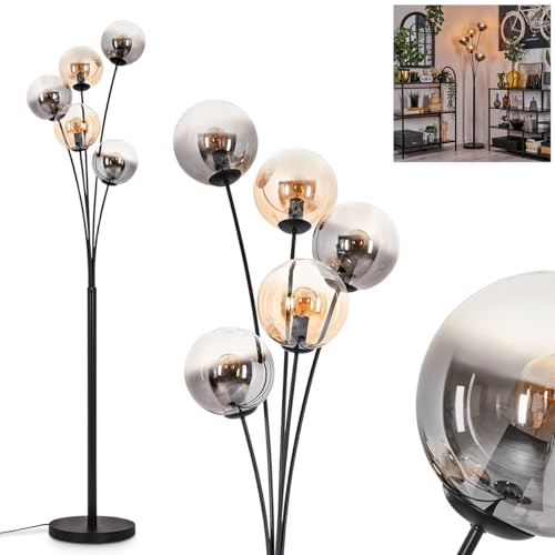 Stehleuchte Gastor, Stehlampe aus Metall/Glas in Schwarz/Bernstein/Rauch/Klar, Leuchte im Retro/Vintage-Design mit Schirmen aus Glas (Ø 15 cm) u. Fußschalter, Höhe 169 cm, 5 x E14, ohne Leuchtmittel