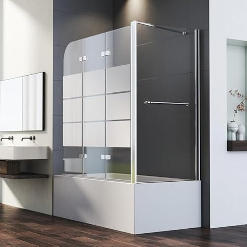 Duschwand für Badewanne mit Seitenwand 80x120x140cm 3-teilig Faltbar Duschabtrennung, Gestreift Glas Badewannenwand Duschtrennwand Badewannenaufsatz mit 6mm EGS Glas, Seitenwand mit Handtuchhalter