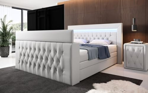 Boxspringbett Sonino 140x200 Doppelbett Polsterbett Bett mit TV Lift, RGB-Beleuchtung und Stauraum | Bezug: Polyester | Farbe: Weiß | Härtegrad: H4 (100kg+)