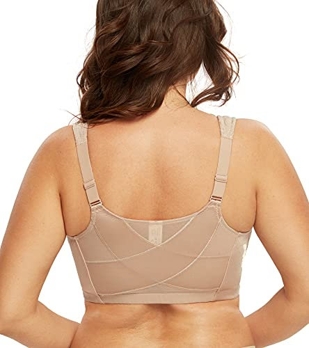DotVol Women's Full Figure Front Closure Wirefree Jacquard Back Support Posture Bra(Beige,42E)