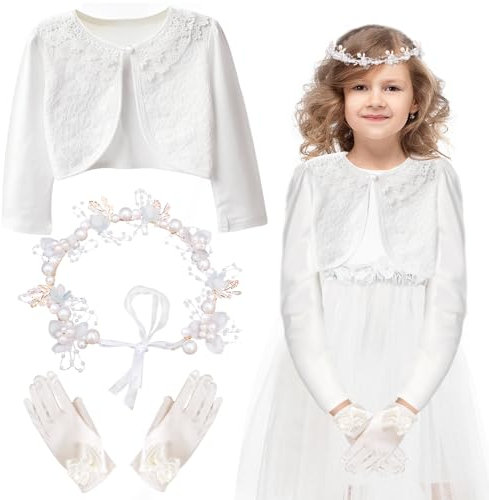 Huahuanghui Kommunionkleid Mädchen, Bolero Mädchen Weiß + Haarschmuck Kommunion Mädchen + Handschuhe mit Schleife, Kommunion Geschenke für Mädchen, Erstkommunion Kleid Mädchen 130 (3pcs)