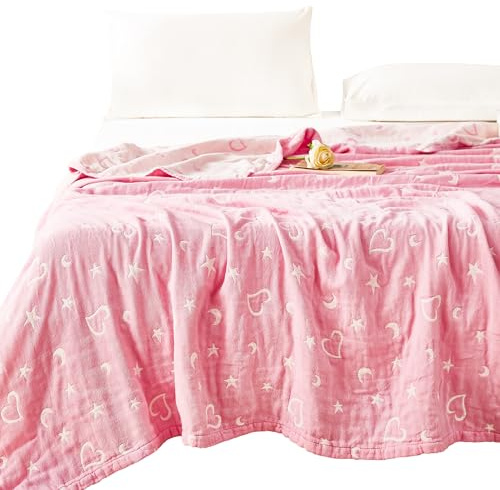 MEJU Musselin-Decke, Motiv: Liebesstern, Mond, Rosa, Herz, Mädchen, Dekoration, für Bett, Sofa, Couch, 100% Baumwolle, 3-lagig, weich, warm, wendbar, Tagesdecke, Überwurf, Bettdecke, Bettlaken