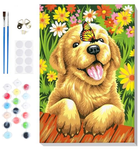 Lxmsja Hund Malen Nach Zahlen Erwachsene Kinder mit Rahmen, Malen Nach Zahlen ab 7 9 12 Jahre Mädchen, Diy Set Erwachsene Acrylfarben Handgemalt Ölgemälde Leinwand für Home Décor, 20x30cm