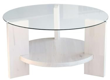 Toilinux.com Table Basse Ronde 1 étagère Auréline en Verre et Bois - Transparent et Blanc
