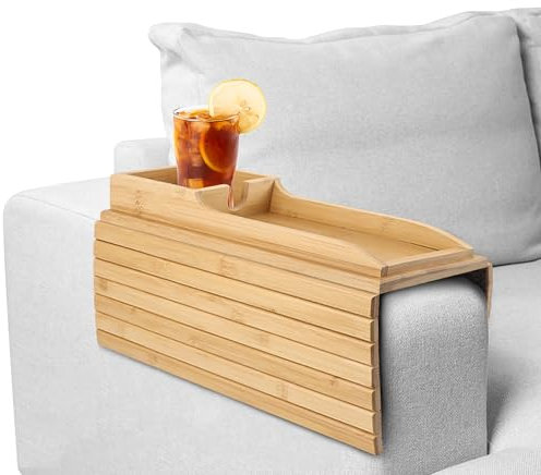 NHBETYS Accoudoir de plateau de canapé, accoudoir en bambou avec porte-gobelet amovible, plateau antidérapant et pliable, plateau de canapé pour tasse de boisson à télécommande