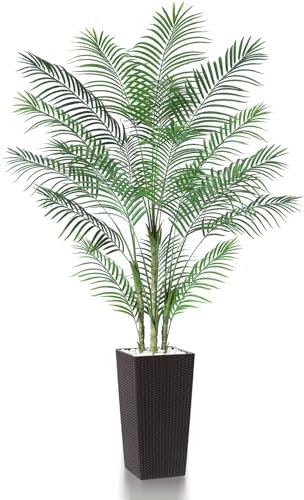 SOGUYI 7FT Artificial Palm Tree - UV Resistant Faux Tropical Plant for Indoor & Outdoor Use with Espresso Brown Taper Planter - Fake Silk Floor Tree for Home, Office, and Living Room Decor