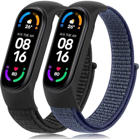 Mugust 2 Stück für Xiaomi Mi Band 7/Mi Band 6/Mi Band 5/Mi Band 4/Mi Band 3 Armband, Verstellbares Dehnbares Nylon Ersatzarmband für Xiaomi Mi Band 3/4/5/6/7 (Schwarz+Mitternachtsblau)