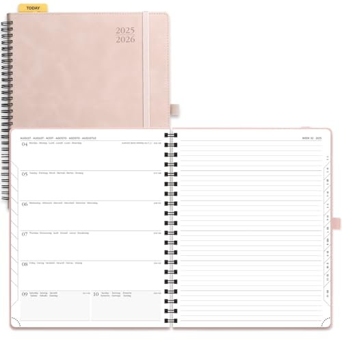 POPRUN Kalender 2025 2026 Buchkalender Notizbuch (Aug.2025-Dez.2026), ca. A4 (26,5 x 21,5 cm), Terminplaner, Wochenplaner Ringbuch mit Softcover, Zertifiziertem Papier - Zartrosa