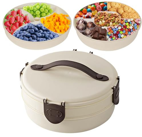 2 Layer Divided Serving Snack Tray with Lid and Handle, Portable Round Snackle Storage Box Serving Trays, Snack Food Box Container with 9 Compartment, Food Storage Container, for Candy, Nut, Cookie