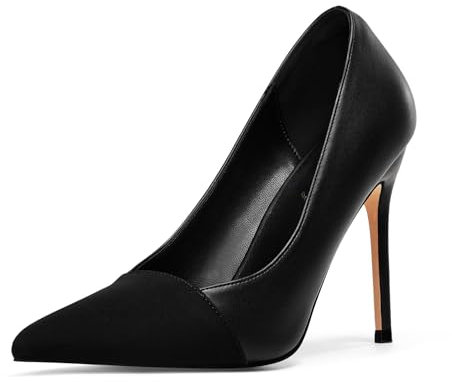Zhabtuc Damen Pumps High Heels – Spitz, Stiletto, Modisches Farbblock-Design, Zweifarbig (Mattschwarz-schwarzer Elasthan), 36 EU
