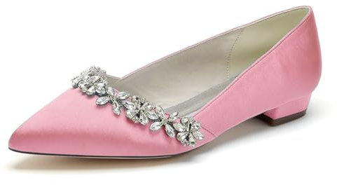Donna A Punta Scarpe da Sposa Basse Ballerine in Raso con Diamanti Scarpe da Matrimonio Feste con Strass,Rosa,43 EU