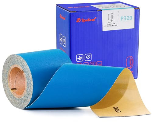 SpeTool Schleifpapier Rolle 70 mm x 8 m Keramik Schleifpapier 320 Körnung PSA Langbahn Schleifpapierrollen Aluminiumoxid-Selbstklebendes für Autos Handschleifblöcke Holz Metall Kunststoff