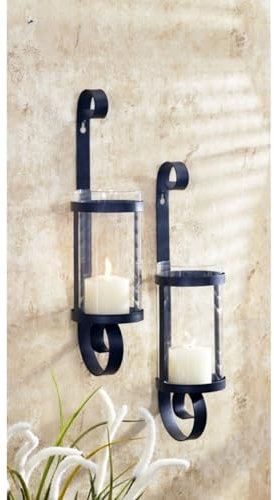 Wandkerzenhalter mit Glas Schwarz 2er Set H: 38 cm Stahl Rustikal Kerzenhalter Wand Kerzenwandhalter - ohne Kerzen