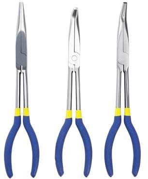 MANUFORE 11-Inch Long Needle Nose Pliers 3-Piece Set - Straight, 45° Bent, and 90° Bent Heads - Household Tool Kit for Electrical, Repair, DIY, and More