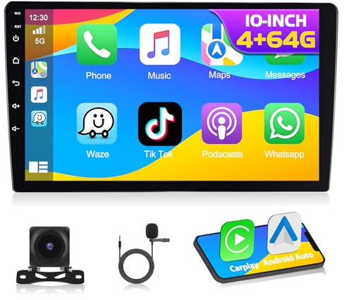 Motorsi A-pple Carplay Autoradio Kabelloses CarPlay 2 DIN Android Auto Radio 10'' 1080P HDTouchscreen 4G+64G Android Radio, GPS Bluetooth 5.0 EQ FM/RDS mit Rückfahrkamera & Mikrofon