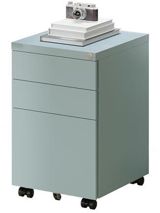 FLEXISPOT Rollcontainer mit 3 Schubladen, mobiler Aktenschrank mit Rollen, Schubladenschrank Büroschrank Schreibtisch Unterschrank mit Schlüsselschloss und Anti Kipp für Büro Zuhause, Grau Blau
