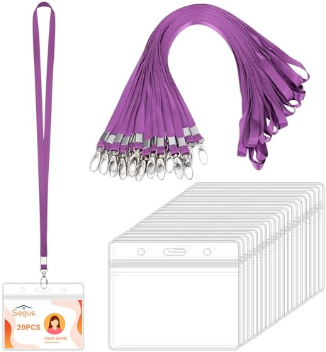 Segus Schlüsselband 20 Stück, Wasserdichte Ausweishülle mit Band, Lanyard mit Kartenhülle, Kreditkartenhülle mit Band, für Lehrer, Studenten, Mitabeiter (Dunkelviolett, Horizontale)