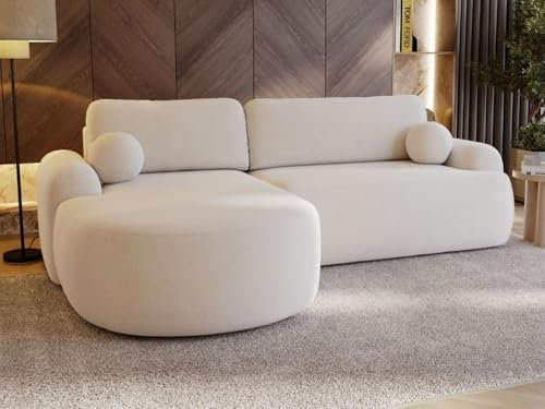GRAINGOLD Aurio Ecksofa mit Schlaffunktion & Bettkasten 261x177 cm, L-Form Sofa mit Stauraum, Schlafcouch für Wohnzimmer, Bouclé-Stoff, 3-Sitzer Eckcouch, Modernes Design (Weiß, Links)