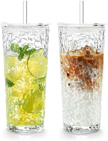 Puraville 2 Pack 550ml Glass Cups with Lids and Straws, Clear | Vintage Glacier Pattern Thickened Glassware for Whiskey Cocktail Beer, Mason Jar Drinking Glasses Tumbler Iced Coffee Cup
