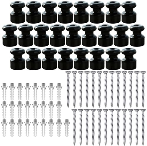 OASHISU 25 isolatori in porcellana per cavi intrecciati in tessuto, per installazione elettrica vintage, supporto isolante per cavi intrecciati, isolatori in ceramica vintage, diametro 18 mm, nero