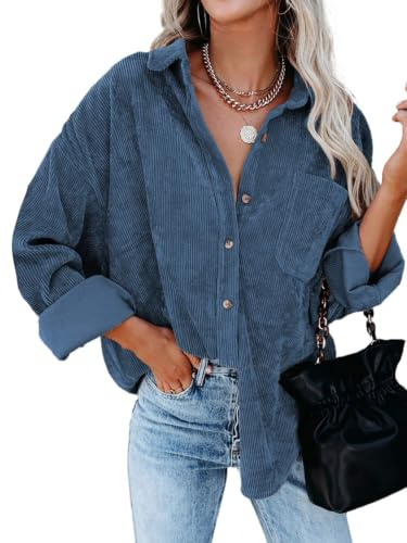 Friptspyg Cordhemd Damen Bluse Langarm Cordbluse Lässiges Hemdbluse Oversized Cordjacke Button Down Corduroy Bluse Casual Cord Hemd mit Tasche