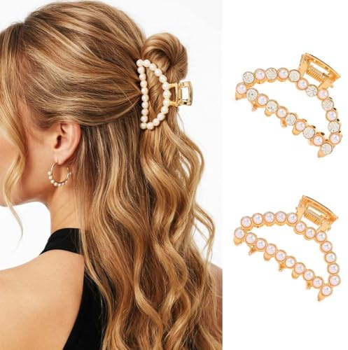 Reaky Barrettes à cheveux en métal doré avec perles et strass pour femme