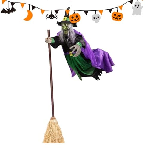 180cm Halloween Hexe Fliegende Auf besens, Mit Leuchtenden Augen Und Soundaktivierungsfunktion, Animierte Halloween Figuren Outdoor, Gruselige Deko Für Zuhause, Garten, Hof Und Rasen