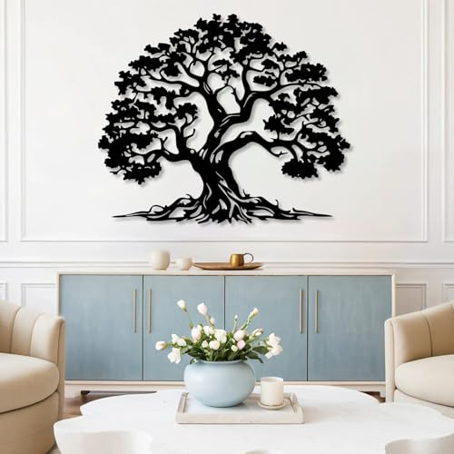 Moderne, minimalistische Kunst-Wanddekoration aus Metall, Baum, Lebenszweig, Kreis, Zeichen, spirituelle Skulptur, Wandbehang für Wohnzimmer und Schlafzimmer (schwarz, 73,7 x 61 cm