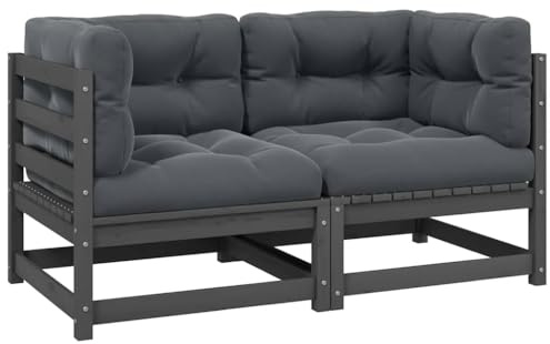 IBUQDDV Gartensofa 2-Sitzer mit Kissen Grau aus Massivholz Kiefer Modulares Lounge-Set für Garten Terrasse Robustes Holz Sofa Flexibel Kombinierbar
