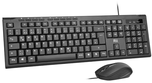 Rii (2-Pack) Kabelgebundenes Tastatur-Maus-Set, PC Tastatur mit Kabel, für PC/Laptop, Windows/macOS, Büro/Schule - Deutsches QWERTZ Layout, Schwarz, 2 Stück