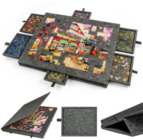 Piashow Kippbarer Puzzle Tisch für 1000 Teile, Leichtes Filz Puzzlebrett mit 6 Sortierschubladen, Tragbares Puzzle Board mit Verstellbarem Ständer & Abdeckung (Schwarz)