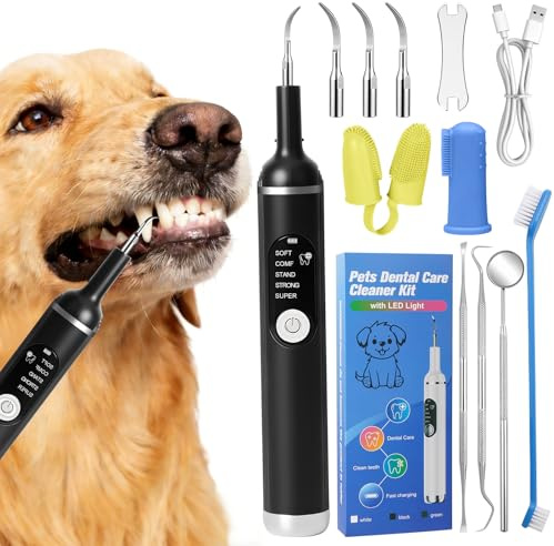 Monemey Kit de Nettoyage Tartre Dentaire à Ultrasons pour Chien et Chat, 5 Modes de Nettoyage et 4 Têtes de Nettoyage, Kits Dentaires Des Dents Contre Le Tartre pour Chien Chat