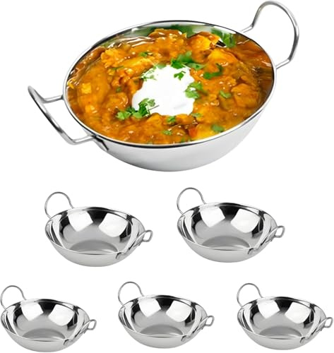 Set of 6 Stainless Steel Balti Dish 15cm Curry Karahi Serving Bowls with Handle Deep Round Dishes for Kitchen, Food, Restaurant, Catering & Table Serving (6, 15cm)