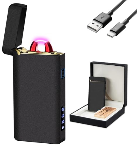 GADATOP Plasma Feuerzeug Sturmfeuerzeug elektrisch Elektrische Feuerzeuge Coole Feuerzeuge Metallgehäuse Starkwinddicht Ladestandsanzeige LED-Licht USB-C Kerzen Camping Grillen (Matt Schwarz)