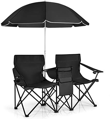 FANTASK Doppelsitzer Campingstuhl, 2-Sitzer Klappstuhl aus Oxford-Stoff & Stahl, Picknickstuhl mit Sonnenschirm, Kühltasche, Getränkehalter & Seitentasche, Faltstuhl für Camping, Angeln (Schwarz)
