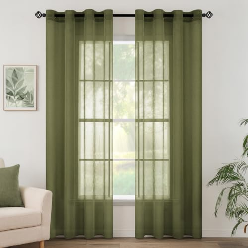 MIULEE Voile Vorhang mit Ösen transparent 140x245 cm 2er Set Matcha Grün | Transparente leichte Voile Gardine als Ösenschal für Wohnzimmer und Schlafzimmer, lichtdurchlässig, luftig, dekorativ