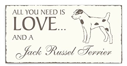 SCHILD Dekoschild « All you need is LOVE and a JACK RUSSEL TERRIER » Dog Hund Vintage Holzschild Türschild Haustier