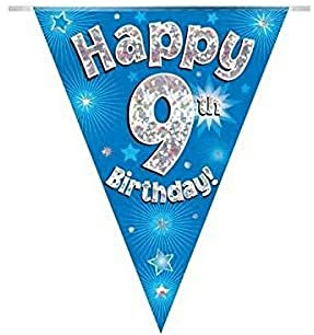 Party Bunting Happy 9th Birthday Blue Holographic 11 flags 3.9m