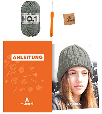myboshi Häkelset Wintermütze Kanuma, inkl. No.1 Wolle, Nadel und Anleitung, Häkelpaket für Anfänger, 30% Merinowolle Titangrau mit Häkelnadel