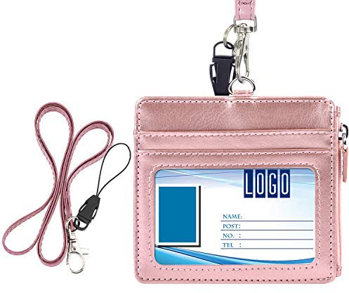 Wisdompro Porta Badge Pelle, Porta Badge da Collo con Cerniera con 50 cm Portachiavi Collo, 1 Finestra Trasparente, 4 Slot per Schede, Gancio Girevole Portachiavi, Oro Rosa (Orizzontale)