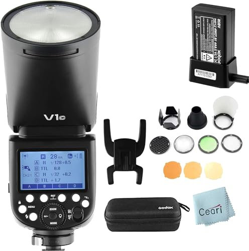 Godox V1-C TTL Rundkopfblitz Speedlite 1/8000s HSS, 1,5 Sek. Recyclingzeit, 2600 mAh Lithium-Akku, 10-stufige LED-Modellierlampe mit AK-R1 Rundkopf-Zubehör, kompatibel mit Canon