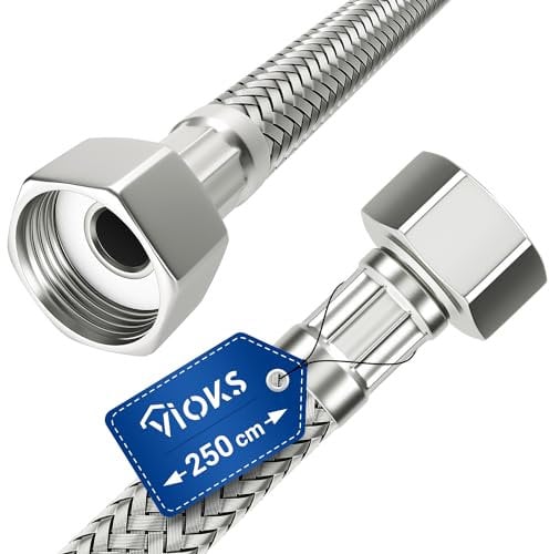 VIOKS Panzerschlauch 1/2 Zoll (19,3mm) Überwurf Beidseitig 250 cm & Trinkwasserschlauch Anschlussschlauch Armatur Flexibler Schlauch für Wasserhahn Eckventil Waschtisch Küchenarmatur Bad WC Spülkasten